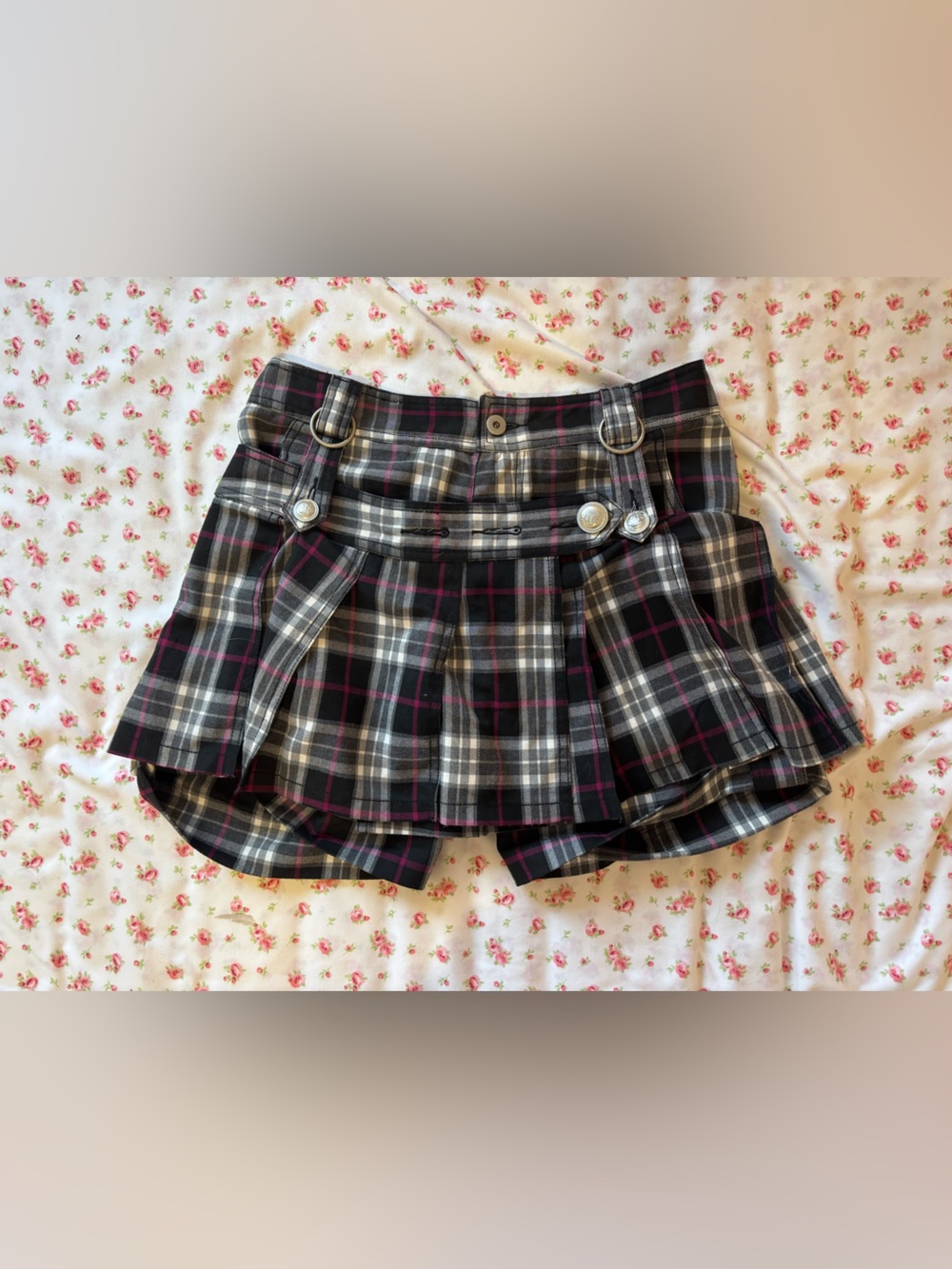 Plaid Pleated Mini Skirt in Black, Gray & Pink